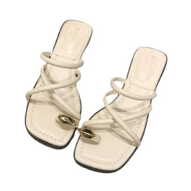 Imagem de LOVEHEYNEW Sandália feminina de couro com tiras de metal na ponta do pé deslizante moderna confortável bico quadrado aberto chinelo de salto baixo casual verão casual diário praia chinelo, Branco, 38