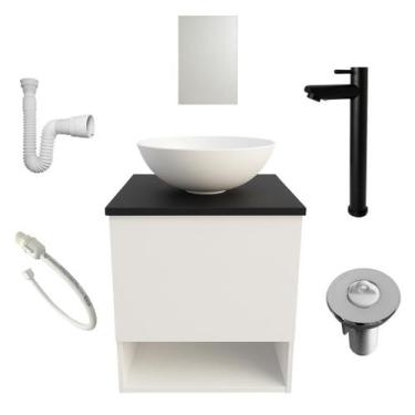 Imagem de Kit Gabinete de Banheiro Lavabo com Cuba Espelho Torneira Preta Sifão 