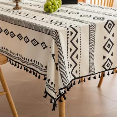 Imagem de Erbnaryx Toalha de mesa com estampa de bloco manual para mesas quadradas, bordas com franjas com padrão geométrico retrô, toalha de mesa decorativa para cozinha, sala de jantar, 159 x 259 cm