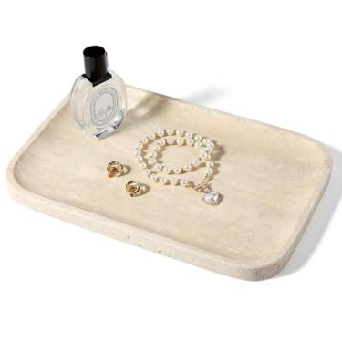 Imagem de Koville Bandeja de travertino Romano, bandeja de pedra natural de 30,5 x 20,3 cm para cômoda de bancada, banheiro, cozinha, bandejas decorativas de mármore para joias de perfume, bandeja de servir