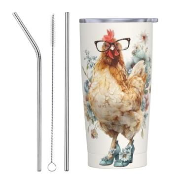 Imagem de opshksog Copo de frango com tampa e canudo 590 ml, copo isolado a vácuo de aço inoxidável para casa, escritório, viagem, Natal, aniversário, presentes para mulheres