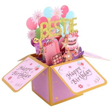 Imagem de Cartão Pop Up Aniversário para Melhor Amiga, Balões Coloridos e Fogos Artifício Cartão Pop Up 3D Dobrável Feliz Aniversário com Envelope Caixa Presente Popup Criativa para Melhor Amiga