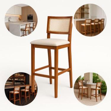 Imagem de Banqueta Para Cozinha Balcão Bistrô madeira maciça Estofada Linho Bege