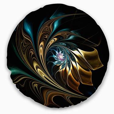 Imagem de Designart Flor fractal azul marrom em preto sala de estar redonda, sofá, almofada de alta qualidade + capa de almofada impressa em ambos os lados 40 cm