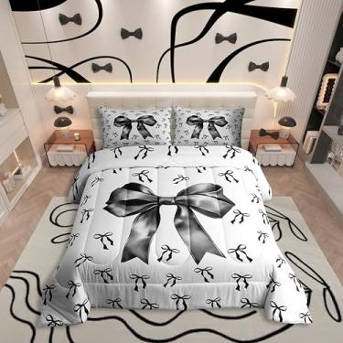 Imagem de Erosebridal Jogo de cama casal com laço preto e branco, para crianças, meninos, meninas, contos de fadas, preto e branco, romântico, simples, 3 peças, decoração de quarto