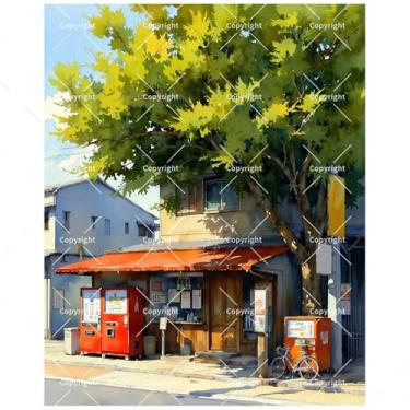 Imagem de Urban Japan Kit de pintura por números para adultos - Máquinas de venda automática de rua DIY e pintura de sombra de árvore em tela 40,6 x 50 cm, conjunto de tinta acrílica, adequado para iniciantes