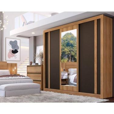 Imagem de Guarda-Roupa Casal THB Ibiza Glass, 3 Portas de Correr com Espelho Reversíveis, Cappuccino / Off White e Cacau, 227 cm