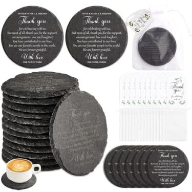 Imagem de 50 pacotes de lembrancinhas de casamento para convidados porta-copos de ardósia decoração de mesa de casamento em massa chá de panela presentes de festa porta-copos de pedra preta com etiquetas de