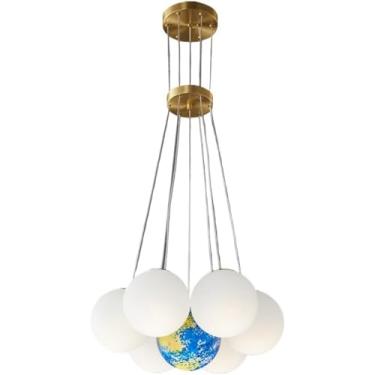 Imagem de Lustre moderno em vidro com globo de vidro para mesa de jantar, luminária pendente criativa com impressão 3D, lua e planeta, bola branca de leite, vidro fosco para quarto, sala de estar, coz