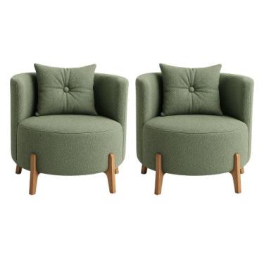 Imagem de Kit 2 Poltronas Orgânica Curva Luna Boucle Verde Oliva Pés de Madeira 