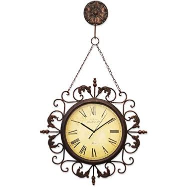Imagem de QLDFX Relógio de parede ao ar livre, arte de ferro retro europeia, pendente de corrente de metal, números romanos, personalidade criativa mudo relógio de parede silencioso relógio de parede de
