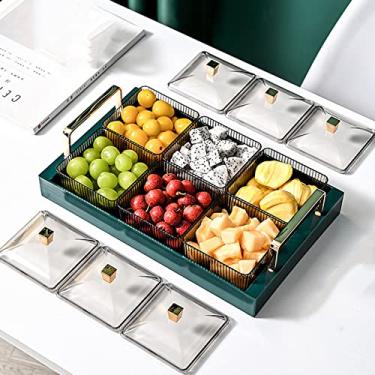 Imagem de Bandeja de tempero dividida de plástico, 6 bandejas removíveis com tampas e bandeja para frutas, nozes, doces, vegetais, lanches, verde