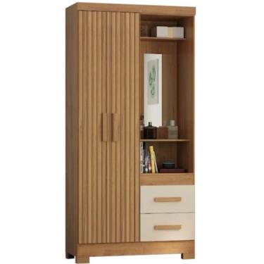 Imagem de Guarda Roupa Capelinha Atualle Solteiro com Espelho 2 Portas 2 Gavetas Cor Canelato Rústico 3D Off White