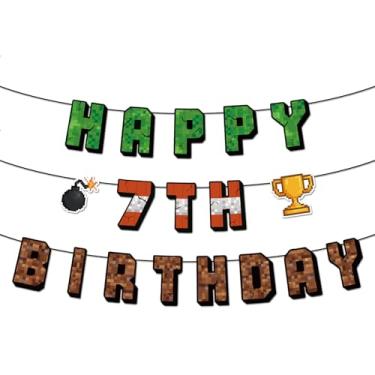 Imagem de Pré-Pendurado Happy 7th Birthday Faixa, Decoração Aniversário com Tema de Jogo Decoração Parede Pendurar para Crianças Meninos Casa Festa Games Painel Fotográfico