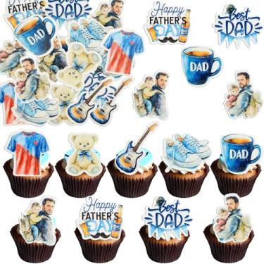 Imagem de Gyufise 54Pcs Edible Happy Father's Day Cupcake Toppers Wafer Paper Guitar Love Dad Cake Toppers Edible Best Dad Ever Cupcake Picks for Father Day Theme Birthday Party Cake Decorations Light Blue