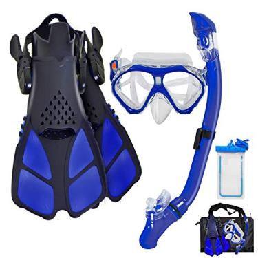 Imagem de Aisrida Conjunto de máscara infantil para mergulho com snorkel + luvas ajustáveis para natação + tubo de snorkel + bolsas de viagem (azul)