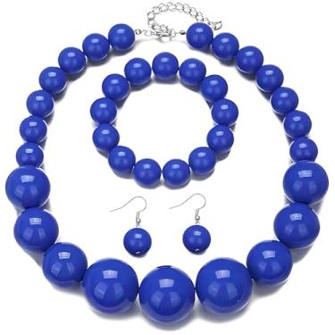 Imagem de QRH Conjunto de joias multicoloridas com contas grossas, colar de contas grossas e pulseiras, conjunto de brincos de pérolas falsas, retrô, festa, formatura, acessórios de bijuteria, Resina, Sem Pedra