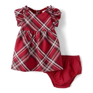 Imagem de The Children's Place Conjunto de vestido elegante de manga curta e capa de fraldas para bebês meninas e recém-nascidos, Xadrez ocre vermelho, 6-9 Meses