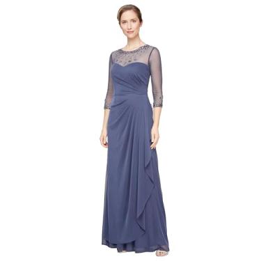 Imagem de Alex Evenings Vestido feminino longo evasê para mãe da noiva com gola e mangas ilusão (tamanhos pequenos e regulares), Vestido violeta, 40