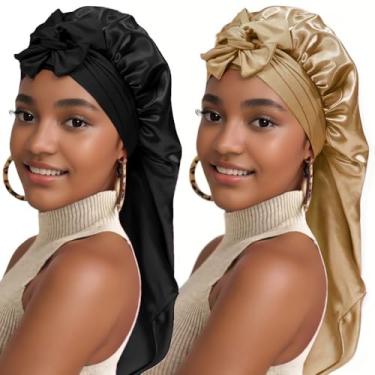 Imagem de Touca de dormir feminina longa de cetim 2 peças - gorro de cetim leve elástico macio (preto + cáqui)