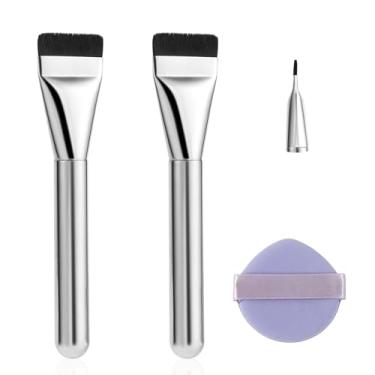 Imagem de 3 conjuntos de pincéis de base plana, com cerdas de lâmina de maquiagem puff perfeitas para misturar creme líquido base corretivo Appli ou cosméticos maquiagem facial