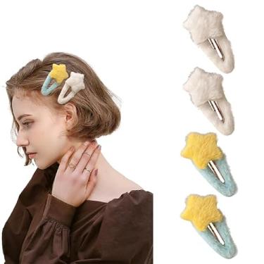 Imagem de 4 presilhas de cabelo de estrela de pelúcia outono inverno, clipes de franja pentagrama acessórios de cabelo, presente para ela - 2 estrelas amarelas + 2 estrelas brancas