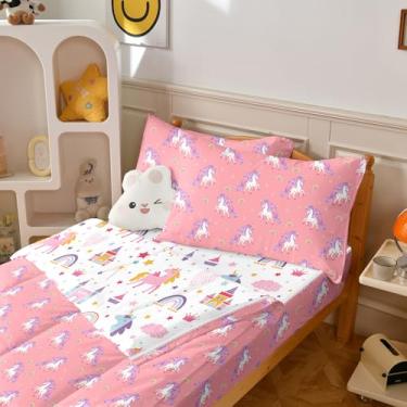Imagem de Yadangxiawa Jogo de edredom infantil, solteiro, com estampa de unicórnios rosa, castelo arco-íris, lençol com elástico e fronhas para todas as estações (solteirão unicórnio)