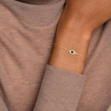 Imagem de Pulseira feminina banhada a ouro delicada azul escuro joia simples artesanal minimalista para ela