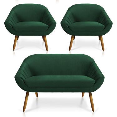 Imagem de Kit 01 Namoradeira e 02 Poltronas Veludo Verde Esmeralda Castanho