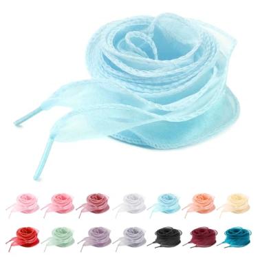 Imagem de UamGlsob Cadarços de seda de organza extravagantes de 4 cm para tênis femininos, lindos cadarços de fita de cetim transparente, cordões de fio de substituição, Azul, 63"/160cm