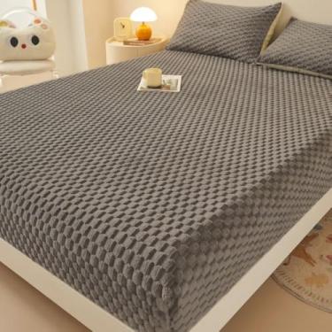 Imagem de Protetor de colchão de veludo de pelúcia para o inverno, quente, lençol com elástico profundo, ultramacio, macio, respirável, capa de lençol cinza | 200 x 220 cm