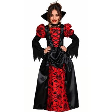 Imagem de Fantasia Vampira Halloween Infantil pra Menina Vestido Super Luxo Longo Vitoriano Medieval Gotico (Preto e Vermelho, P 3-4)
