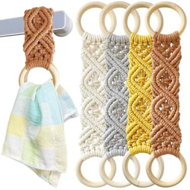 Imagem de 4 peças de anel de toalha de macramê Boho para pendurar em crochê, suporte de toalha de prato de cozinha, cabide de toalha de cozinha feito à mão com laço de madeira para porta de fogão de forno de