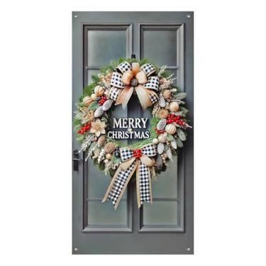 Imagem de BlissYard Capa de porta de Natal, coroa de flores de 89 x 188 cm, enfeite de laço xadrez, pinha, decoração de entrada, cenário festivo para pendurar na parede, decoração de varanda sazonal para