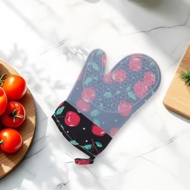 Imagem de Generic 1 peça de luvas de forno luva floral de borda plana curta - impressão cereja lavar à mão apenas pano de algodão de silicone preto vermelho 28 x 18,5 cm