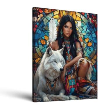 Imagem de Arte de parede nativa americana menina indiana com lobo decoração de parede mulher guerreira indiana moldura de imagem mulher indiana impressão em tela vitral pôster decoração de sala de estar para