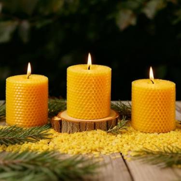 Imagem de Velas de pilar de cera de abelha natural, 3 x 4 polegadas (pacote com 3) vela colmeia enrolada à mão - queima longa por mais de 17 horas, sem gotejamento, sem cheiro
