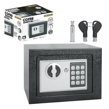 Imagem de Cofre Digital Eletrônico de Aço, Preto, 23x17x17cm, com Teclado Numérico LED, 2 Chaves de Emergência, Alimentação por Pilhas AA, para Uso Residencial e Comercial