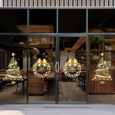 Imagem de Madrigal Adesivos grandes de janela de árvore de Natal de 83,4 cm, adesivos de janela de guirlanda de Natal, adesivos estáticos de janela dourada grande, adesivos de exibição mural de porta de parede