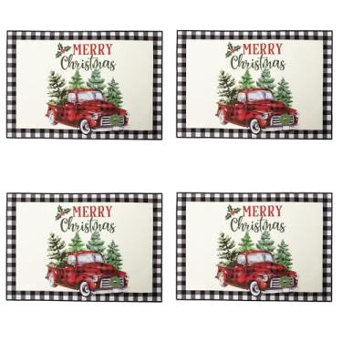 Imagem de OWENIE Jogo americano de Natal 33 x 48 cm, conjunto com 4, caminhonete vermelho vintage com árvores de Natal, tapetes de linho estampados, decoração festiva de inverno, para jantares de Natal
