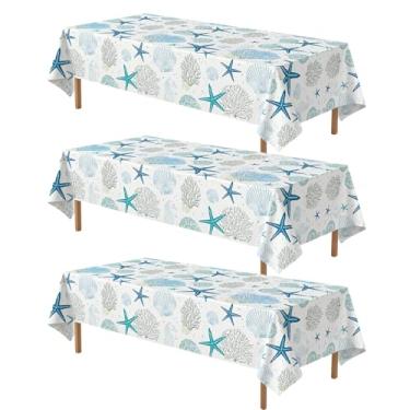 Imagem de 3 peças toalha de mesa sob o mar oceano coral capa de mesa retangular retangular costeira estrela do mar concha toalha de mesa decorações de festa para cozinha, verão, praia, piquenique, churrasco