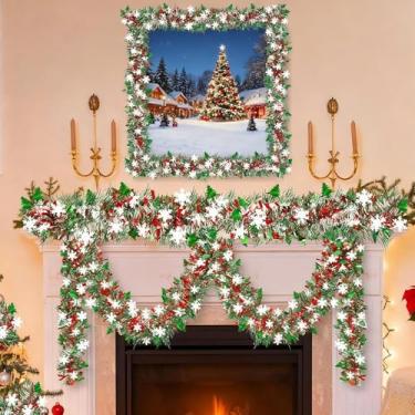 Imagem de Guirlanda de Natal, enfeites de Natal longos com glitter com padrão de árvore de floco de neve, decorações de árvore de Natal para lareira de árvore de Natal, decoração interna e externa (verde +
