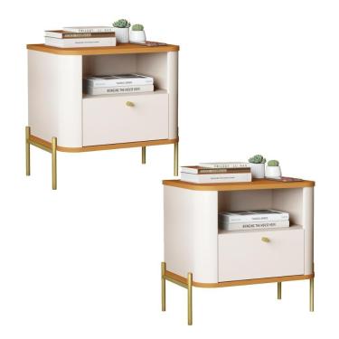 Imagem de Kit 2 Mesas Cabeceira Quarto Tucupí Slim 1 Gaveta Pés Metal Off White-Nature-Dourado