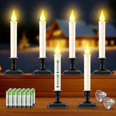 Imagem de Enhon Pacote com 6 velas de LED operadas por bateria, sensor de luz do crepúsculo ao amanhecer, com suportes pretos e ventosas, velas de janela de Natal marfim, chama cintilante âmbar (pilhas AA