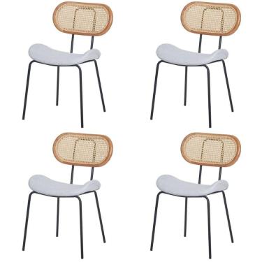 Imagem de Kit 4 Cadeiras Toscana Fratini Estrutura Aço Preto Encosto Madeira Tela Rattan Assento Tecido Cinza