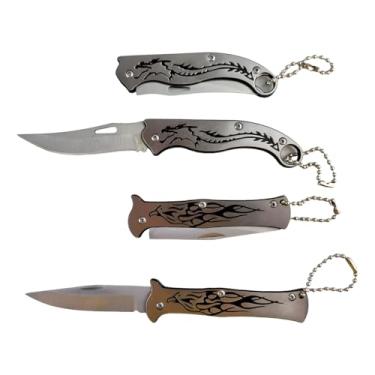 Imagem de Kit 4 Canivetes em Aço Inox, Design Dragão, 15cm Comprimento, Corrente Inclusa, para Pesca e Camping, Lâmina 7cm, Cabo 8cm, Prateado