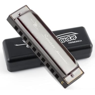 Imagem de Chave C de gaita Blues para crianças e adultos, chave de gaita diatônica de 10 furos de C, harpa azul de metal para estudantes iniciantes, órgão bucal em estojo, preto