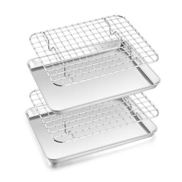 Imagem de Assadeira de forno com conjunto de rack (2 pequenas assadeiras + 2 grelhadoras), 22 x 18 cm de aço inoxidável, bandeja de bacon com grades de resfriamento para assar, grelhar, pode ser lavada na