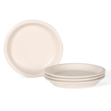 Imagem de GZG Conjunto de 4 pratos de salada de cerâmica de 20 cm, conjunto de louça de grés fosco rústico, seguro para micro-ondas e lava-louças, para salada, sobremesa, aperitivo, uso diário (névoa creme)