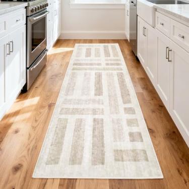Imagem de EcoNest Tapetes laváveis, tapete macio de 6 x 1,8 m para sala de estar e quarto, vintage, listrado, resistente a manchas, com suporte antiderrapante, geométrico, quadriculado, dobrável, para decoração